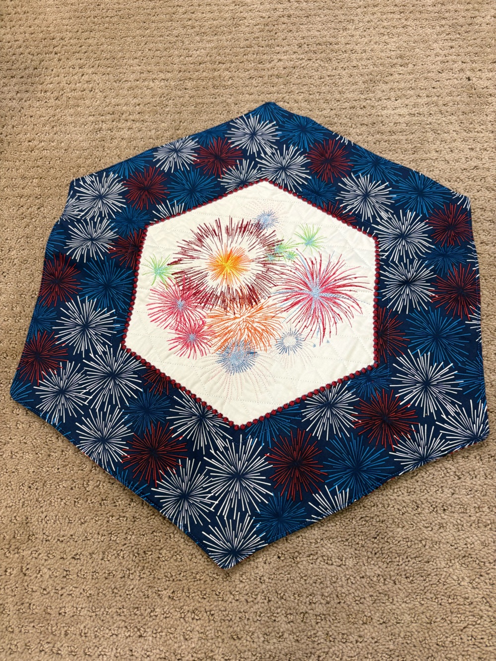 Hexagonal Fireworks Table Topper - Multicolor on Blue